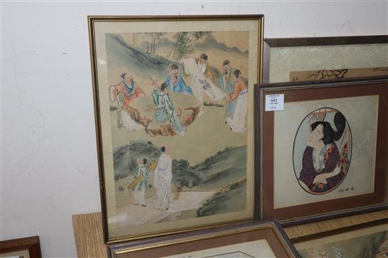 Six Japanese woodblock prints and and a Persian gouache painting, largest 36 x 26cm and a Chinese hardstone elephant